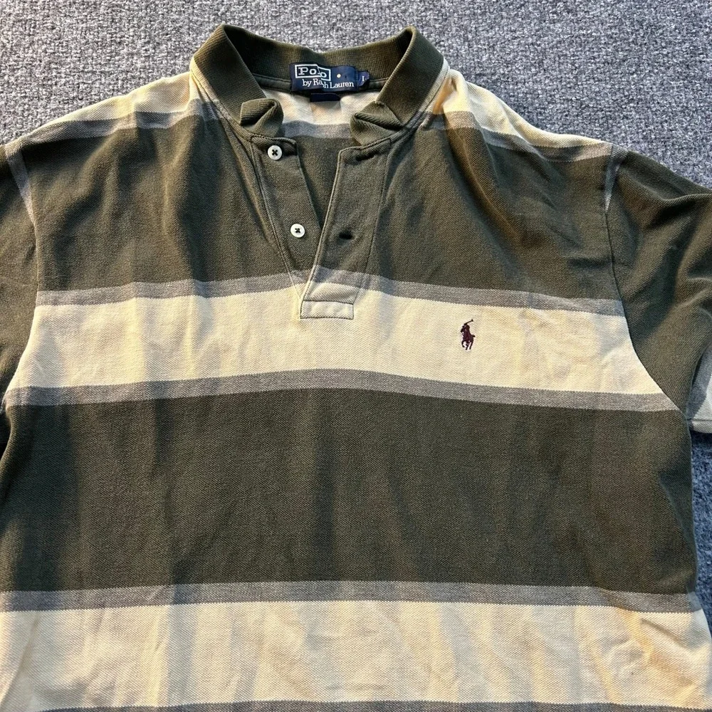Polo Ralph Lauren Polo Mens Size L Green Cream Striped Short Sleeve Cotton Rip